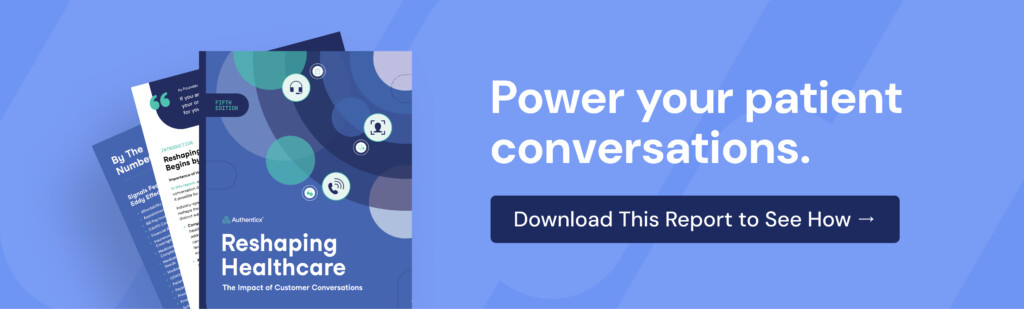 Three report booklets with the title Authenticx Reshaping Healthcare The Impact of Customer Conversations on the cover, next to large text that reads Power your patient conversations. A button says Download This Report to See How. Blue background with abstract shapes.