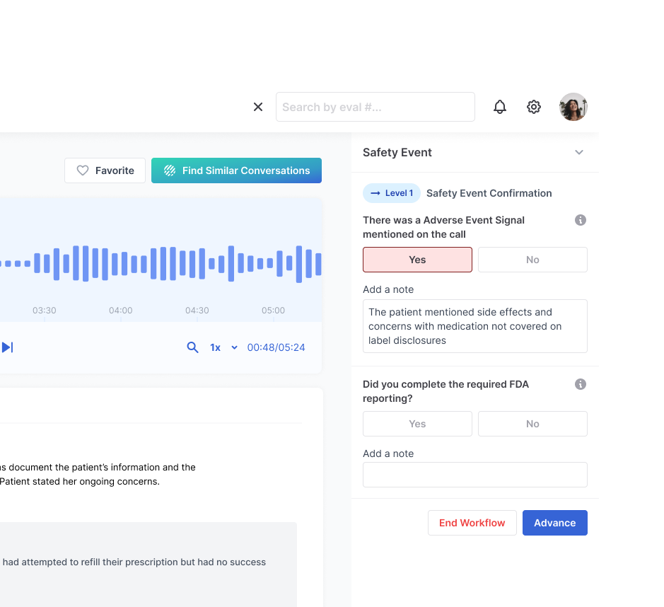 Authenticx Conversation Details with an audio waveform player alongside a Safety Event Level 1 confirmation panel for adverse event and FDA reporting